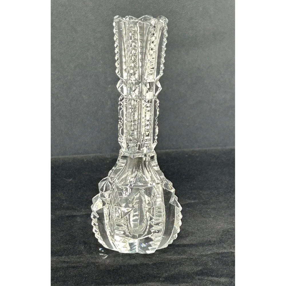 Vintage Clear Pressed Glass Bud Vase Sawtooth Rim Geometric Pattern 4.25 Inch